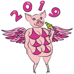 2019, animal, pigs, pig, pegasus, unicorn, happy new year, new year 2019, art, symbol, pig vector, symbol of the year, calendar, calendars, background, card, cartoon, celebration, character, christmas