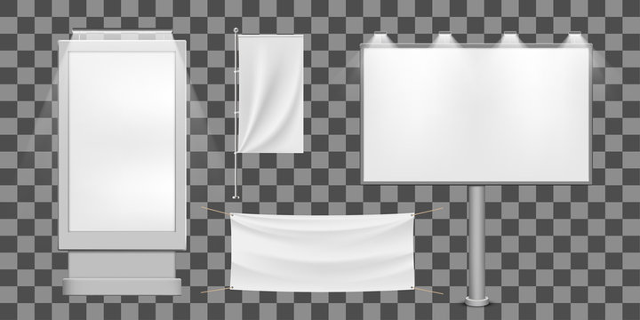 Set blank white billboard and mock up lightbox. Template flag and banner. Isolated on transparent background.