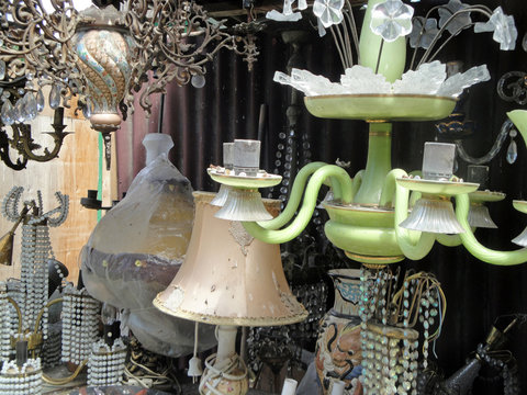 Flea Market in Tbilisi / Old chandeliers, lamps at the flea market in Tbilisi
