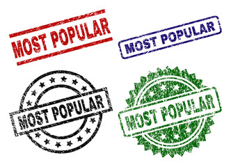 MOST POPULAR seal prints with corroded surface. Black, green,red,blue vector rubber prints of MOST POPULAR title with corroded texture. Rubber seals with circle, rectangle, medal shapes.