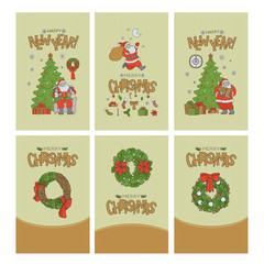 Christmas set greeting cards with gold lettering. Vector new year holiday symbols character Santa Claus and wreath gift socks tree snow.