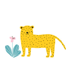 Cute little leopard with tropical flower. Vector hand drawn illustration.