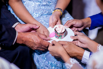 Obraz na płótnie Canvas wedding cakes on dish. Bride and groom giving slice of wedding cake to guest. sign of wedding ceremony and sign of wedding ceremony process ending.