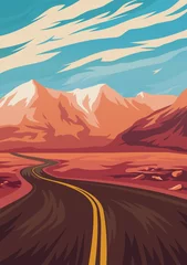Poster Travel illustration with road in mountains. Vector illustration. © dmaryashin