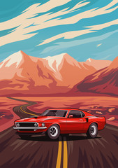 Naklejka premium Retro american muscle car poster. Illustration with car standing on road near mountains.