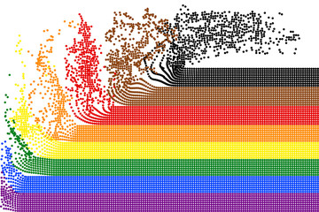 Rainbow stripes of flying colorful dots on white (transparent) background. Colors of LGBT pride flag, symbol of lesbian, gay, bisexual, transgender, and questioning (LGBTQ). Vector illustration, EPS10