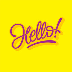 Hello lettering on bright yellow background. Vector typography for greeting card, social media banner, poster, invitation. Modern brush calligraphy. Vector illustration.