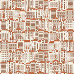 Vector seamless pattern with a lot of buildings of the Old town in retro style. Seamless drawing background, can be used as wallpaper or wrapping paper.