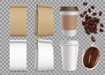 Set of blank package with coffee beans and paper mugs. Isolated