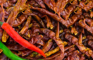 pair of fresh chili red green copy space decoration design culinary base sauce spicy spicy on a background of dry peppers
