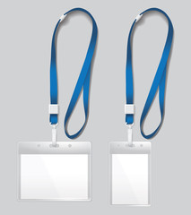 different badges with a blue cord