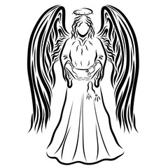 Angel with large wings, pattern, black sketch