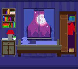 Living room, bedroom at night. Vector illustration.