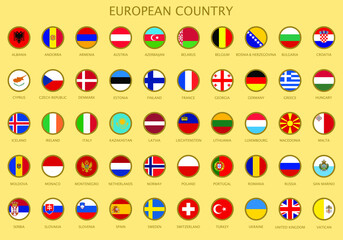 Round buttons with all official national flags of the European countries with official colors in alphabetical order. Colorful icons. Vector Illustration.