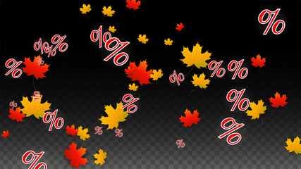 Vector Percentage Sign and Autumn Leaves Confetti on Transparent Background. Percent Sale Background. Business, Economics, Finance Print. Discount Illustration. Promotion poster. Black Friday Banner. 