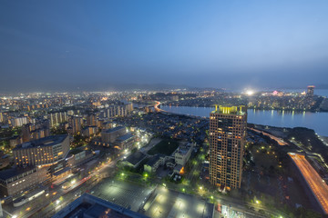 Fototapeta na wymiar Night Landscape of Expressway across the river at fukuoka Fukuoka city in summer day.