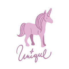 Hand drawn vector illustration of a pink unicorn with brush lettering. Vector illustration isolated on white with motivational quote.