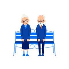 Old couple sit on bench. An elderly man sits on bench and smiling looking at an elderly woman sitting next to him. Illustration of people characters isolated on white background in flat style