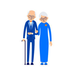 Old couple. Elderly man in suit and bow tie stands with an elderly woman who holds his hand. Grandmother and grandfather. Illustration of people characters isolated on white background in flat style