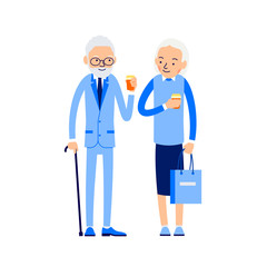 Elderly couple drinking coffee. Old man stands next to an aged woman and they hold coffee cups in their hands. Illustration of people characters isolated on white background in flat style