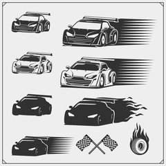 Set of speeding racing cars. Vector illustration.