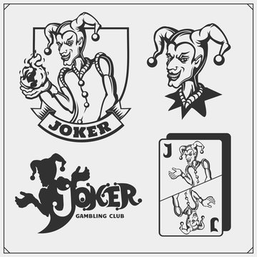 Set of casino and poker emblems and labels with Joker and playing cards.