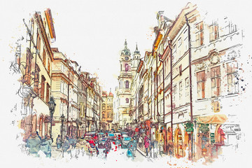 illustration of a busy street in Prague in the Czech Republic.