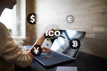 ICO, Initial Coin Offering. Digital electronic binary money financial concept. Bitcoin currency exchange on virtual screen interface.