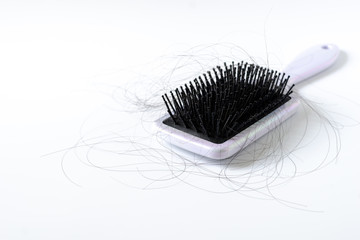 Hair fall or loss with blush is a problem of women on white background.