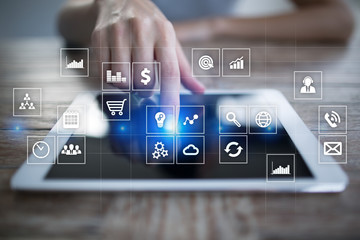 Virtual screen interface with applications icons. APPS. Work Business process in modern office. Strategy planning  Internet technology concept.