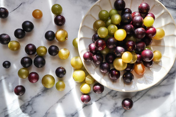 Muscato muscadine sweet green bronze and purple black grape on white marble board