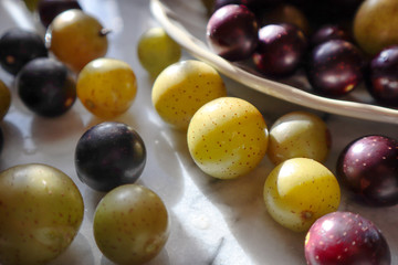 Muscato muscadine sweet green bronze and purple black grape on white marble board