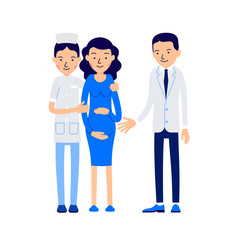 Pregnant couple and doctor. Female doctor hugs pregnant patient. Next to them is husband pregnant. llustration of people characters isolated on white background in flat style