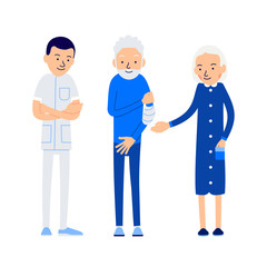 Doctor and patient. Elderly man holds sore hand. Patient is on medical examination with painful hand. His wife stands next to him. Illustration of people characters isolated on white background