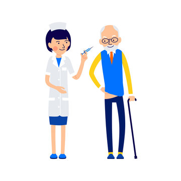 Nurse is preparing to make an elderly patient medical injection. Man lowered trousers preparing for medical prick. Illustration of people characters isolated on white background in flat style