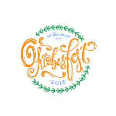 Oktoberfest handwritten lettering logotype. Oktoberfest typography vector design for greeting cards, logo, card, postcard and poster. Bavarian Beer Festival banner. Design template celebration