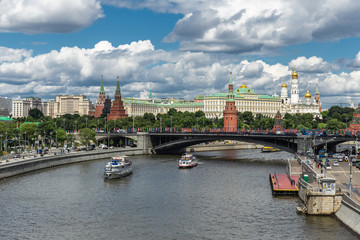 Panoramic top view of the Moscow river and the Kremlin