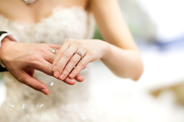 Groom and brides hands with rings,Rings of husband and wife.Two hands on a wedding day.