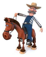 3d illustration farmer on horseback/3d illustration cowboy in a hat with a curvy mustache