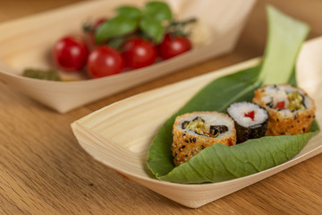 healthy food in bamboo bowls