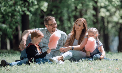 happy family resting on the lawn in the city Park.