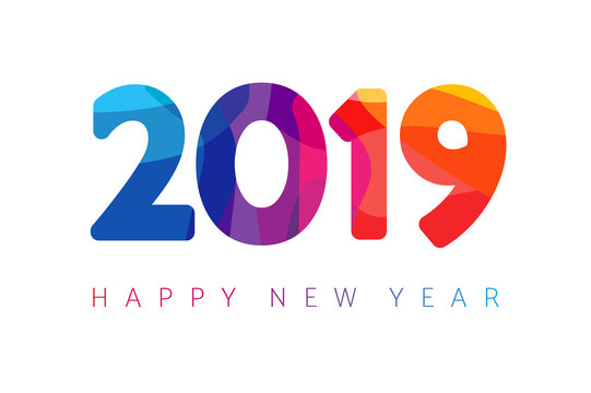 2019, Happy New Year xmas greetings. Holidays colored background, colorful stained shape isolated digits. Vector isolated numbers template