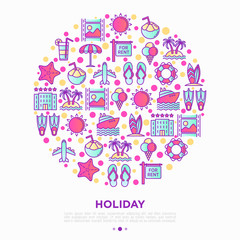 Holiday concept in circle with thin line icons: sun, yacht, ice cream, surfing, hotel, beach umbrella, island, coconut drink, airplane, starfish, photo, lifebuoy. Vector illustration for banner.
