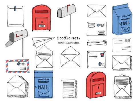 Hand Drawn Mail, Post, Letter, Envelope, Paper Plane,mailbox Cartoon Set. Vector Illustration. Delivery Doodle Decorative Elements. Mail And Post Icon In Sketch Style.