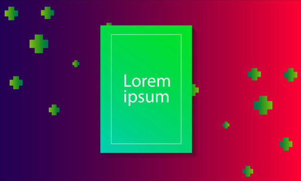Minimal vector purple to pink gradient background. Composition with plus shape, and frame for text or message on green light blue box.