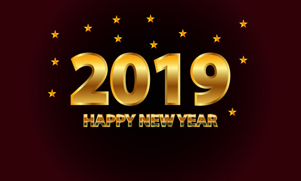 Happy New Year 2019. Golden numbers with stars on a maroon  background. Vector illustration - Illustration
