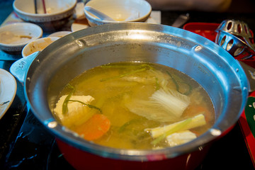 Sukiyaki Japanese food shabu shabu. Sukiyaki Fresh Beef pork slices, Vegetable, Dinner Set. shabu or suki yaki set in metal trey placed on table.