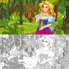 Obraz na płótnie Canvas cartoon scene with woman princess in the forest near hidden wooden house - with artistic coloring page - illustration for children