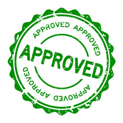 Grunge green approved wording round rubber seal stamp on white background