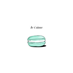 Hand drawn Sketch Cake macaron, macaroon isolated on white background. turquoise je teme Love macaron, macaroon biscuits, sweet and beautiful dessert. Fashion French pastry macarons - 223181065